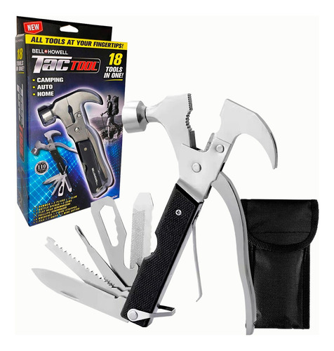 Martillo 18 en 1 Slim Company Herramienta Multiusos Navaja Alicates Destornillador Sierra Abrebotellas Para Camping Bricolaje Con Funda Transportadora Acero Inoxidable 16cm Color Negro