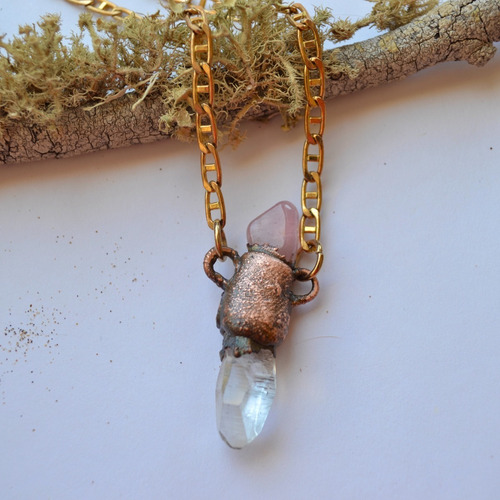 Imagen 7 de 8 de Collar De Cuarzo Rosa Y Cristal, Cadena De Bronce, Cod1