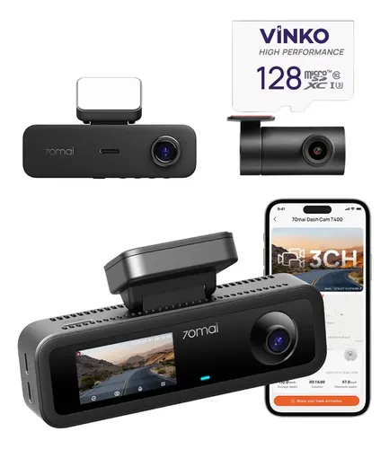 Câmera Veicular 3 Canais 70mai T400-1 2k Hdr Gps Com App 24h T400-1 Com Sd 128g