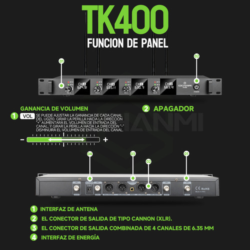 Microfonos Gc Tk400 Inalambricos 4 Canales Sistema Mano Uhf