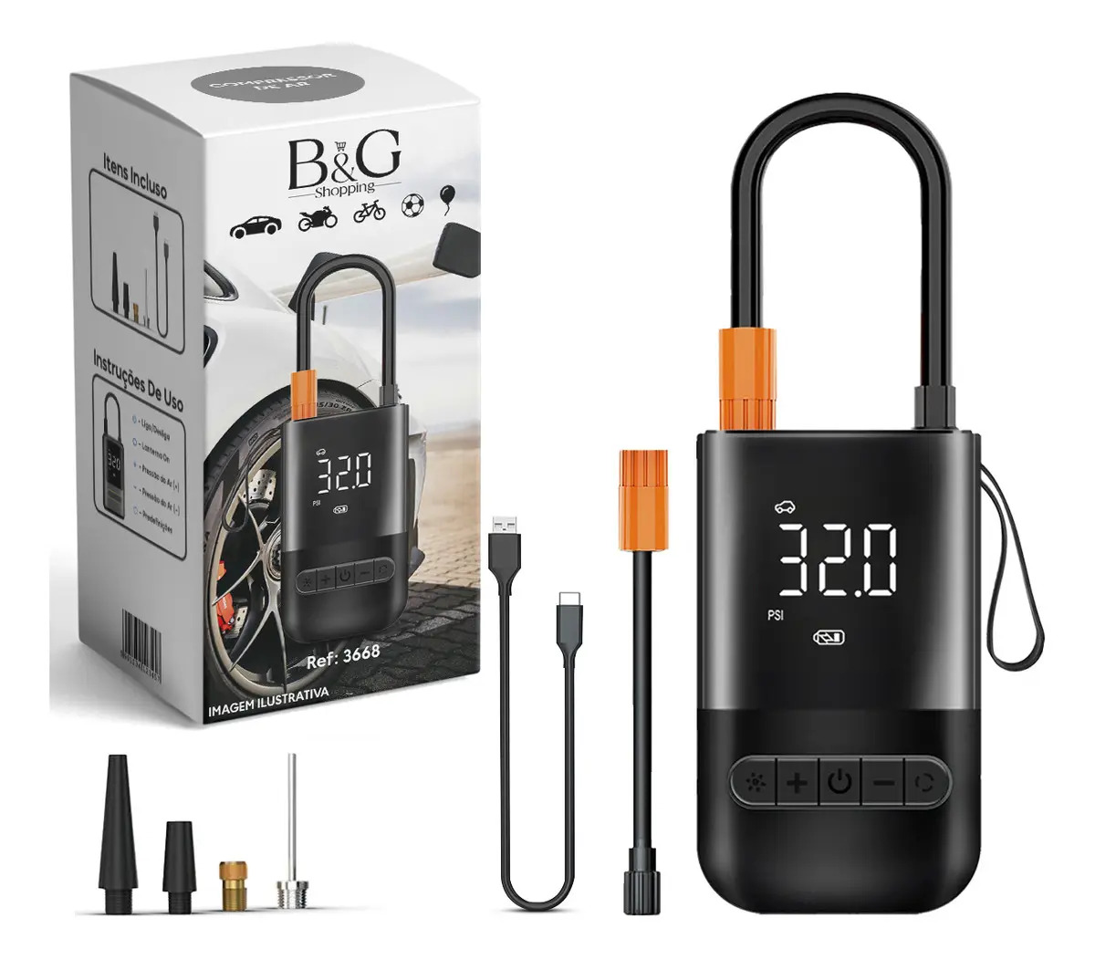 Compressor de Ar Portátil Digital B&G Pneu Carro Moto Bike USB-C 150 PSI