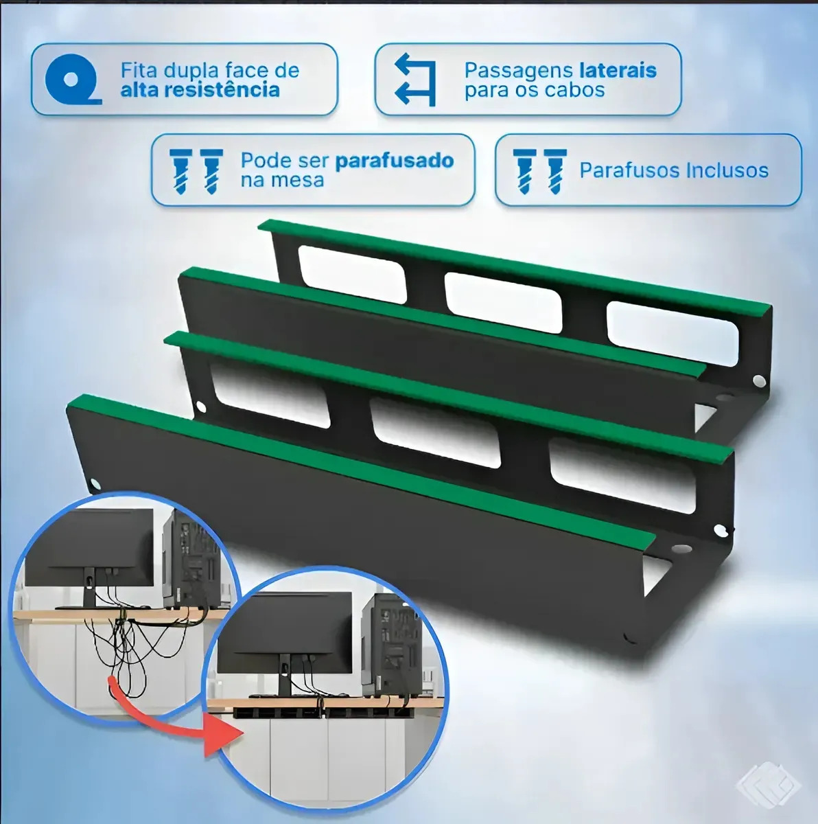 Calha Organizador Cabos E Fios Mesa Dupla Face Metal 1 Metro Preto