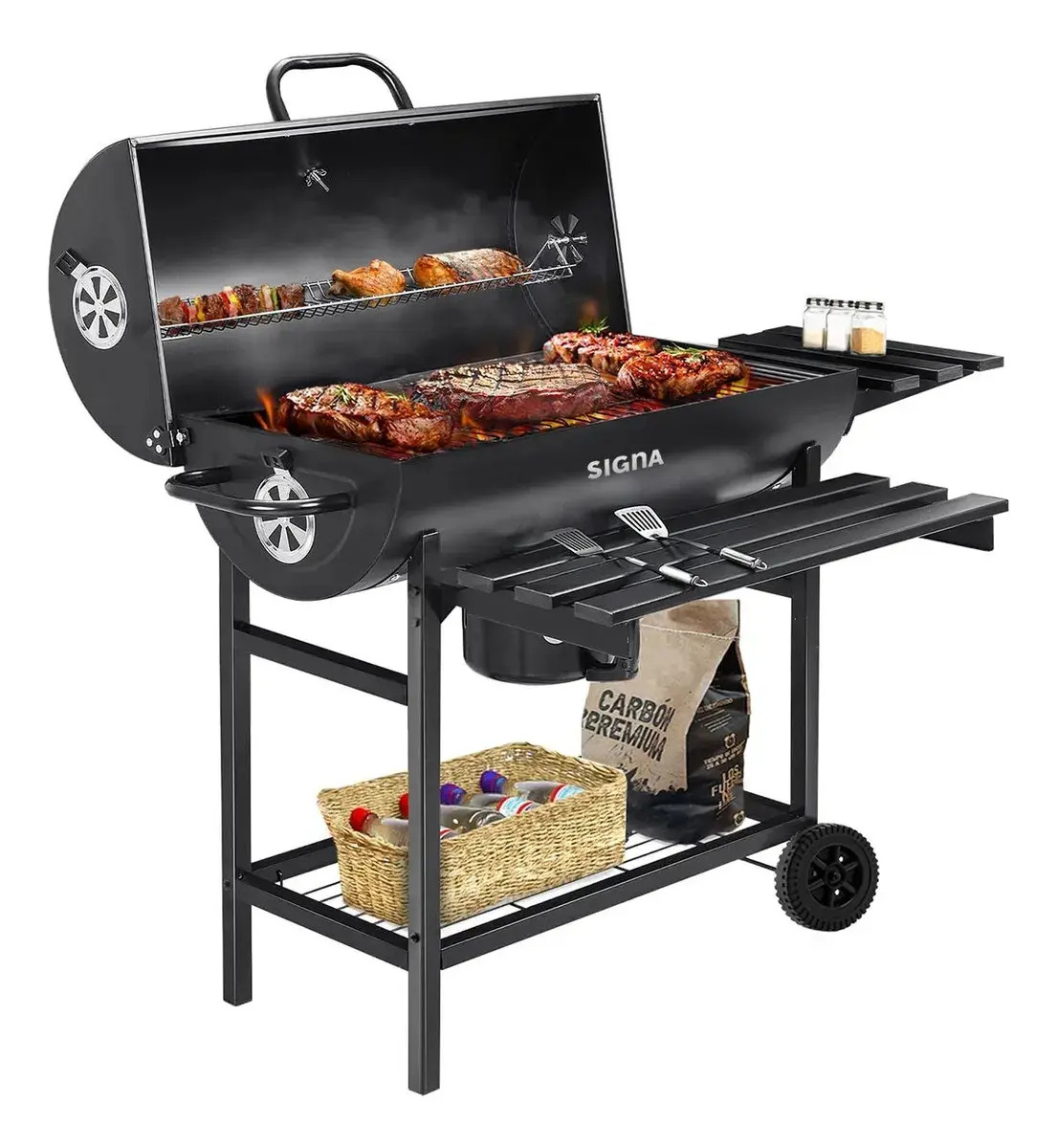 Parrilla Asador De Carbón Tipo Barril Con Ruedas Acero Inox Negro
