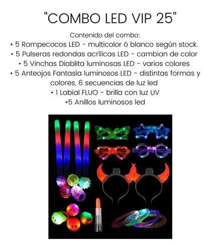 Imagen 2 de 10 de Combo Cotillon Luminoso Todo Led Vip 25 Personas Super Led