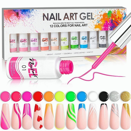 12pzs Pinceles Liner Fino Mano Grafiti Uñas Pluma Gel