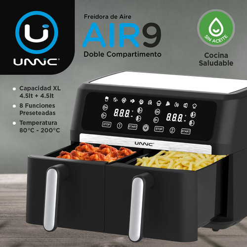 Freidora De Aire Sin Aceite Unnic Air Fryer Doble Canasto Pantalla Digital 9 Litros 1700W Color Negro