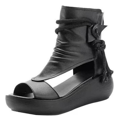 Moda Sandalias Dama Romanas Negro Zapatos Plataforma De Cuña