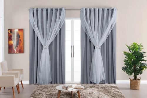 Cortina Blackout Tecido Com Voil 2,20m X 2,90m Sala Quarto Cinza