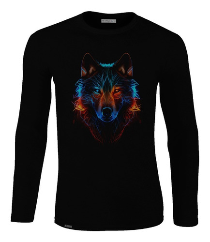 Camiseta Manga Larga Lobo Estilo Neón Animal Inp Lbo