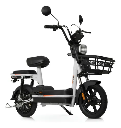 Bicicleta Elétrica Scooter Bikelete MT2 branca com cesta frontal e assento duplo sobre fundo branco