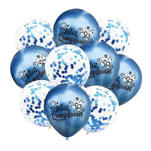 Pack 10 Uds Globos Cromados Frase Feliz Cumpleaños + Confeti