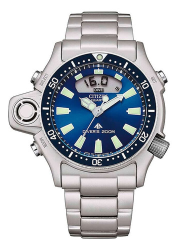 Relógio masculino Citizen Promaster Aqualand JP200067l, cor de malha, prata, moldura, cor de fundo azul, cor de fundo azul
