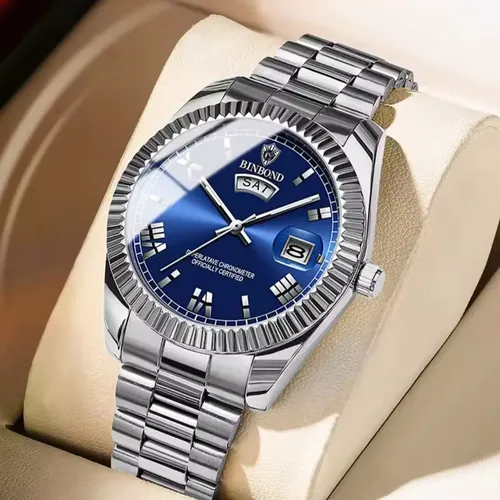 Relógio Masculino Binbond Pulseira Aço Inox Visor Azul Luxo