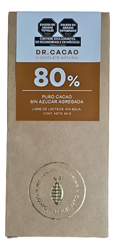 Chocolate Dr Cacao 80% Sin Azúcar-vegano-sin Tacc