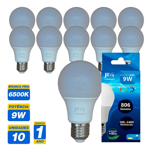 Kit 10 Lampada Bulbo Led E27 9w = 60w Econômica Branca Fria 