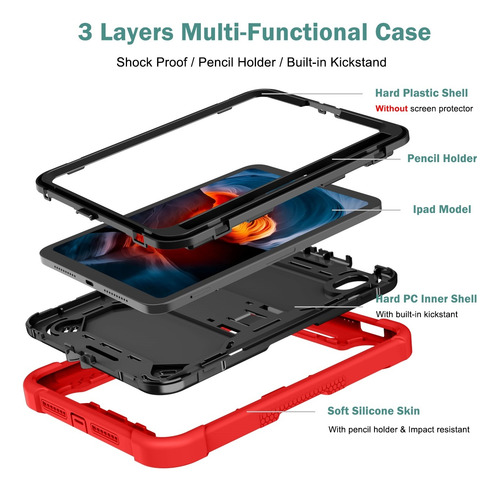 Funda Anti Golpe P/ Ipad Mini 6/7 A17 Pro 8.3'' A2567 A2993 Negro/rojo
