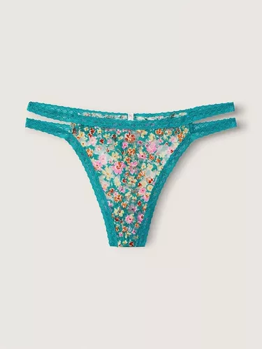 Calcinha Victorias Secret Pink Lace Strappy Thong Teal Ditsy