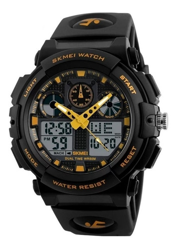 Relógio de pulso Skmei análogo digital 1270 com corpo preto,  analógico-digital, para masculino, fundo  preto, com correia de poliuretano cor preto, agulhas cor amarelo e branco, subdials de cor amarelo, subesferas cor cinza e preto, ponteiro de minutos/segundos amarelo, bisel cor preto, luz azul-celeste e fivela simples