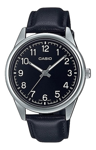 Reloj pulsera Casio MTP-V005 con correa de cuero color negro - bisel plateado
