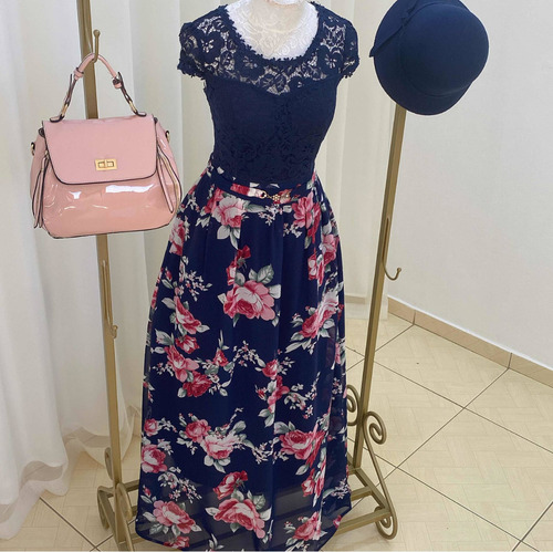 Imagem 6 de 8 de Vestido Longo Elegante Azul Marinho Floral