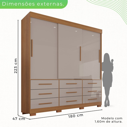 Guarda-roupa Com Pés Casal 3 Portas 9 Gavetas Luana