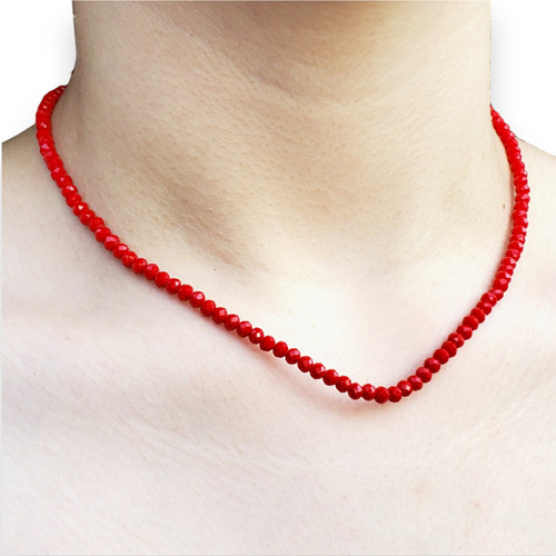 Cadena Plata Piedras Chicas Rojas X 40cm