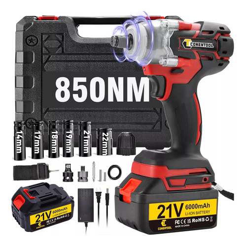 Pistola Llave de impacto inalámbrica Conentool de 850 nm, iones de litio, 2 baterías, color rojo, 127 V, 800 W