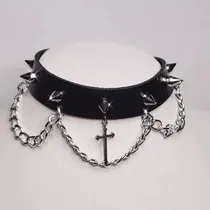Comprar Choker Gargantilha De Spike Com Cruz E Corrente Gótico Punk