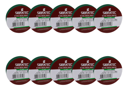 Kit 10 Fita Isolante Verde 20 Metros Sibratec Uso Geral