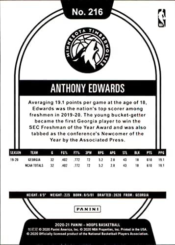 Panini Hoops 216 Anthony Edwards Tarjeta De Baloncesto Novat