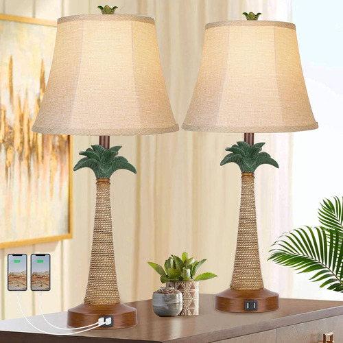 Juego De 2 Lámparas De Mesa Con Palmera Costera Con 2 Puerto