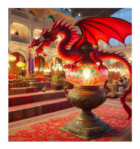 Vinilo 100x100cm Dragon Rojo En Templo Arabe Nocturno