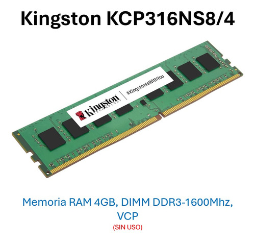 Memoria Ram Kingston Ddr3, 1600mhz, 4gb Non-ecc, Cl11, 1r