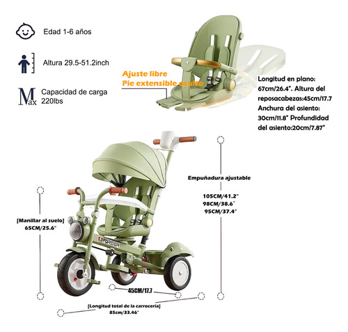 Triciclo Para Bebé Plegable Carretilla Niña Con Toldo 5 En 1 Color Verde