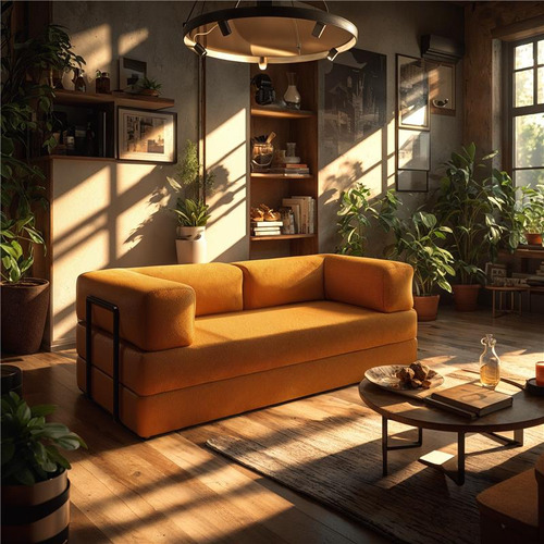 Colchão Casal Vira Sofa Cama 2 Lugares Com Estrutura Metálica Industrial Estilo Nórdico 192cm No Tecido Bouclê Cor: Terracota Mod: Buble Caixa