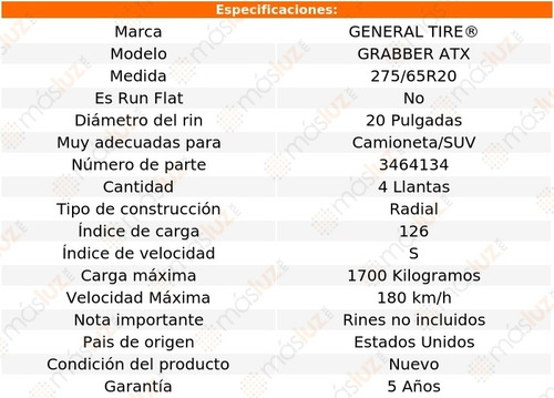 4 Llantas Grabber Atx General Tire Medida 275/65r20 126s