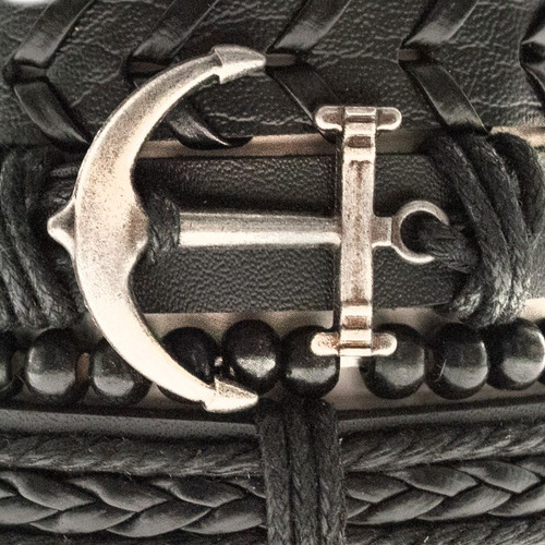 Imagen 2 de 7 de Pulsera Hombre Conjunto 4 En 1 Dije Ancla Bolitas Cuero