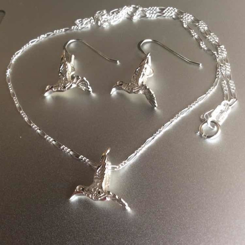 Imagen 2 de 10 de Juego De Cadena Aretes Dije De Colibrí Plata Ley 925 Solida