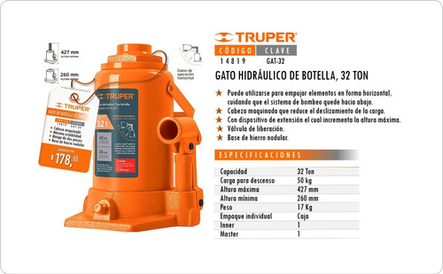 Imagen 2 de 3 de Gato Hidráulico De Botella De 32 Toneladas Truper 14819