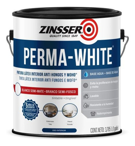 Pintura Latex Perma White Satinado Antihongo 1 Lts Gema