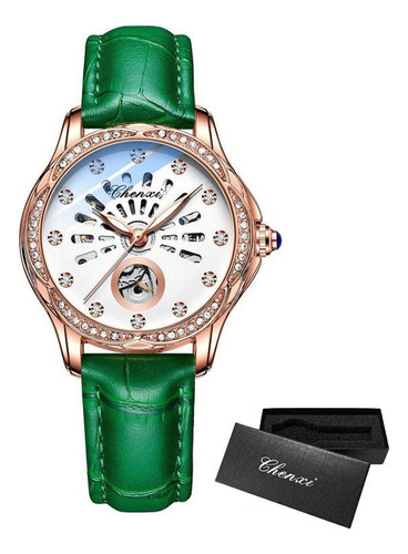 Reloj Mecánico Luminoso Chenxi De Cuero Con Diamantes