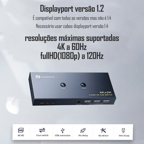 Chaveador Switch Kvm Display Port 2x1 Displayport 4k Usb