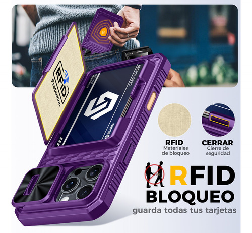 Funda Para iPhone 16 Pro Max Con Tarjetero (4-5 Tarjetas) Botón Control Cámara Tapa Deslizante Resistente A Los Golpes Tipo Billetera Púrpura + 2 Mic