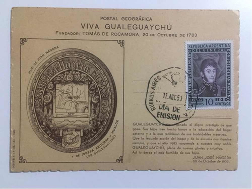 Antigua Postal Geográfica Viva Gualeguaychú 1933 Sello 1950