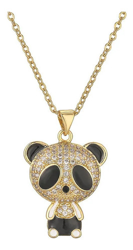  Collar Oso Panda Cristales Blancos Joya Acero Dorado