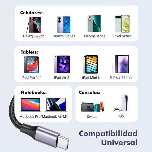 Imagen 5 de 10 de Cable Tipo C 120cm 40gbps 100w 8k 60ghz Thunderbolt 3