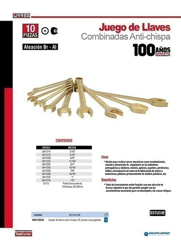 Llave Combinadas Antichispa 12 Puntas 9/16 uh1218 Urrea