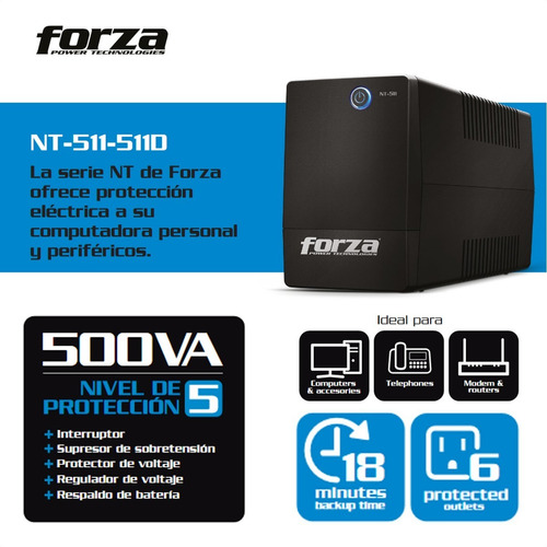 Ups Interactiva Forza Nt-511, 500va/250w, 6 Tomas, 1pc±18min