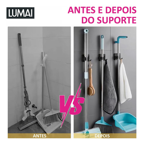 Cabide Suporte de Vassoura Individual de Inox Preto Instalação com Adesivo para Pendurar Vassoura 1 Gancho Organizador de Cozinha e Area de Serviço