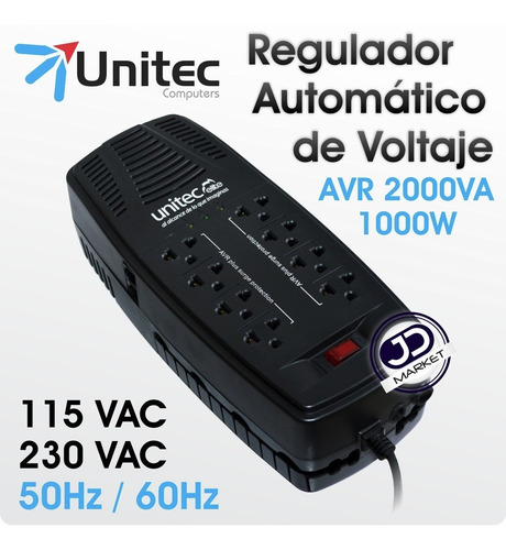Imagen 2 de 6 de Regulador De Voltaje Unitec De 2000va Reales Con 8 Tomas